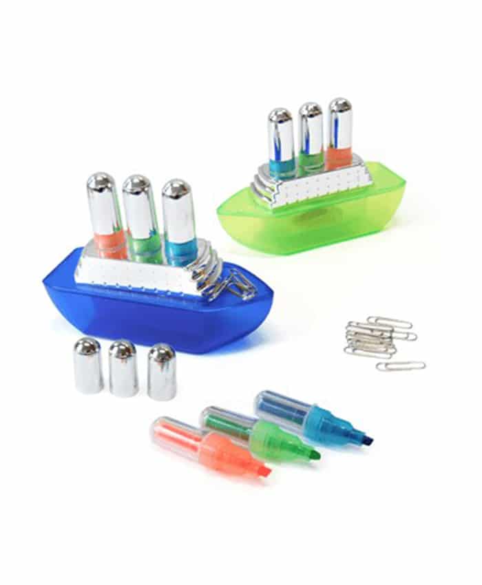 SHIP-SHAPED PAPER CLIP DISPENSER WITH HIGHLIGHTER